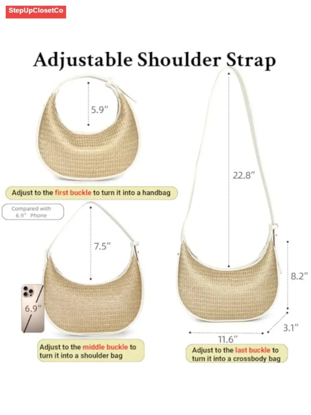 Straw Crescent Hobo Shoulder Bag Women Crossbody Purse Handwoven Summer